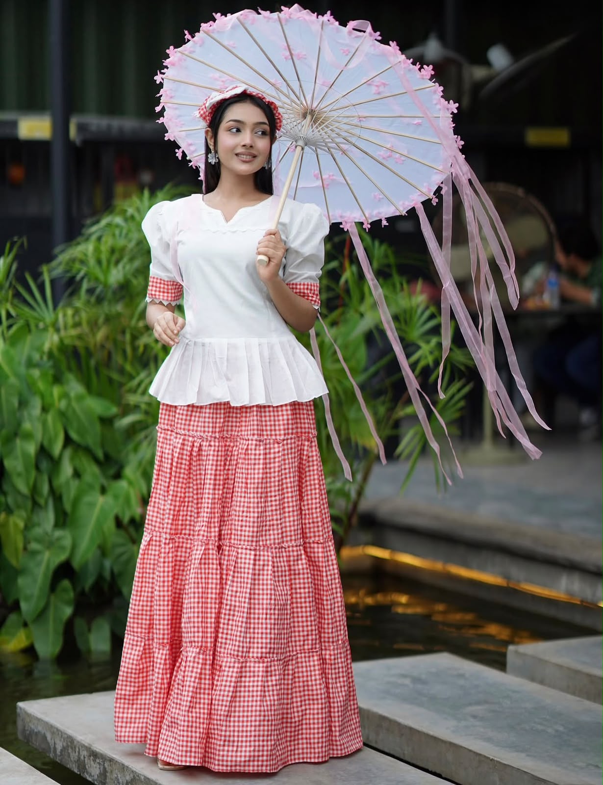 Women's Cotton Tops and Skirt Set with Lace Work and Check Print