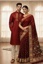 Screen Print Silk Saree and Block Print Panjabi Couple Set