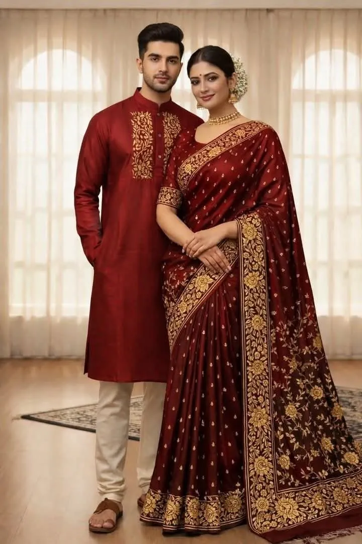 Screen Print Silk Saree and Block Print Panjabi Couple Set