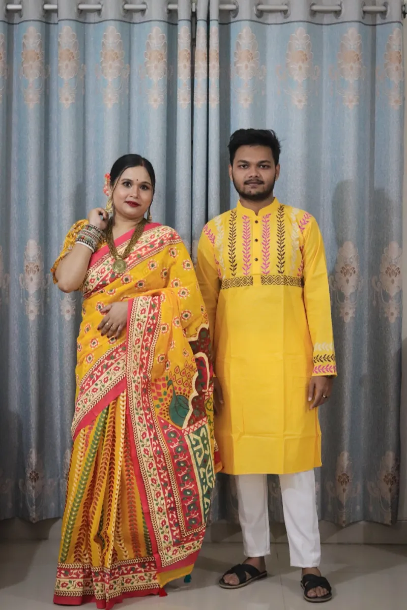Couple Slub Cotton Panjabi and Half Silk Saree Set, 6 Colours