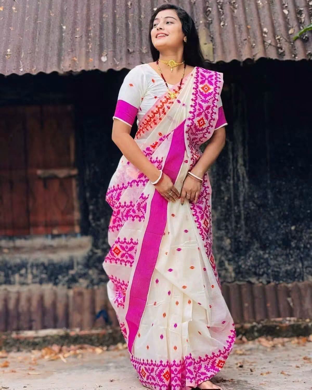 Half Silk Cotton Screen Print Puja Saree with Blouse Piece