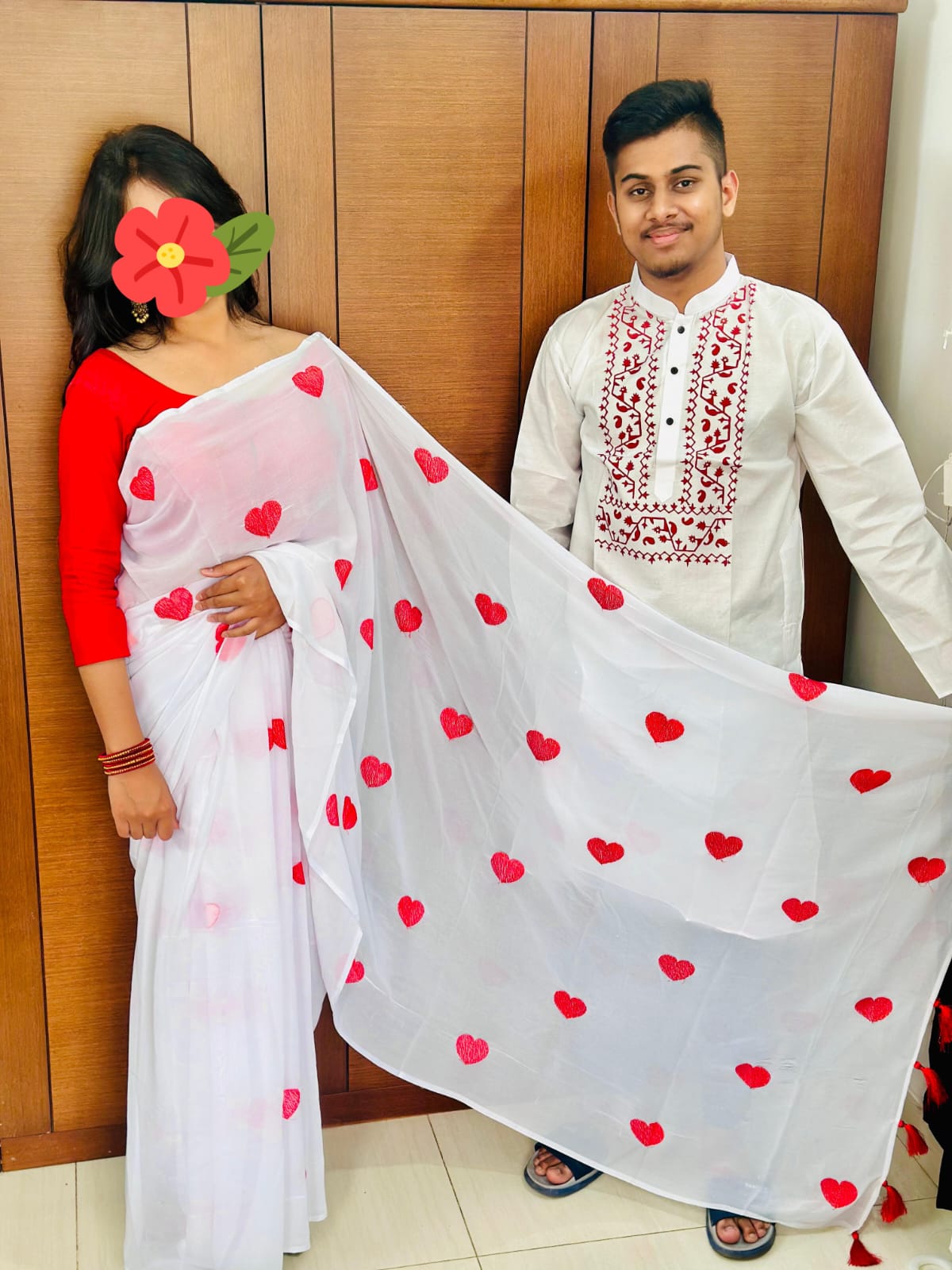 Embroidered Georgette Saree and Hand Print Panjabi Couple Set