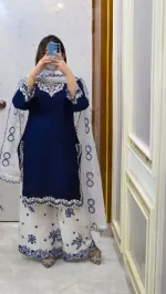 Blue White Design Cotton Garara Dress with Embroidered Georgette Orna