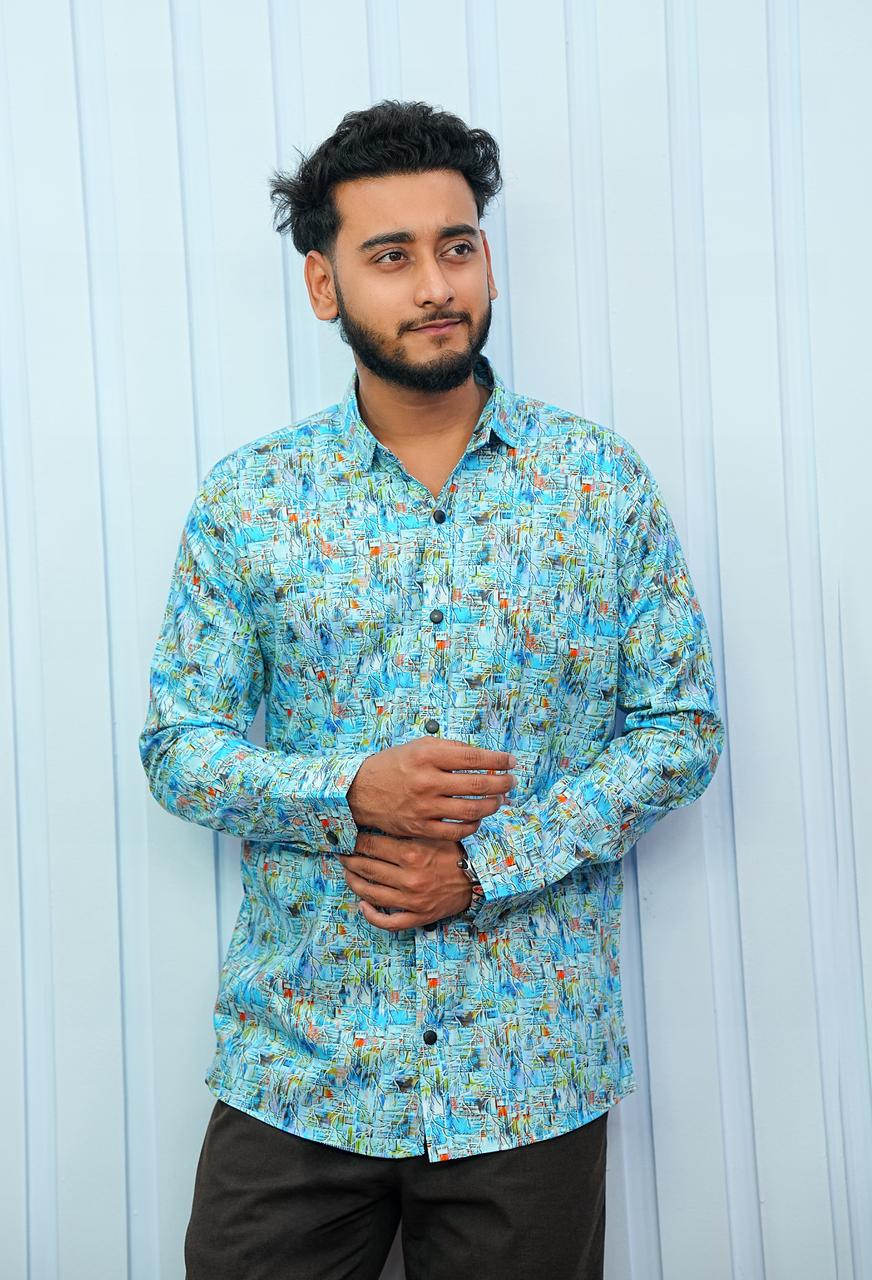 Men's Digital Print Pure Cotton Shirt with Snap Buttons