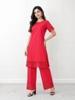 Women's Cotton Long T-Shirt and Pant Set with Lace Trim, Free Size