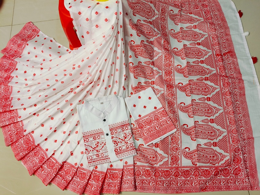 Resham Silk Screen Print Saree and Panjabi Couple Set with Blouse