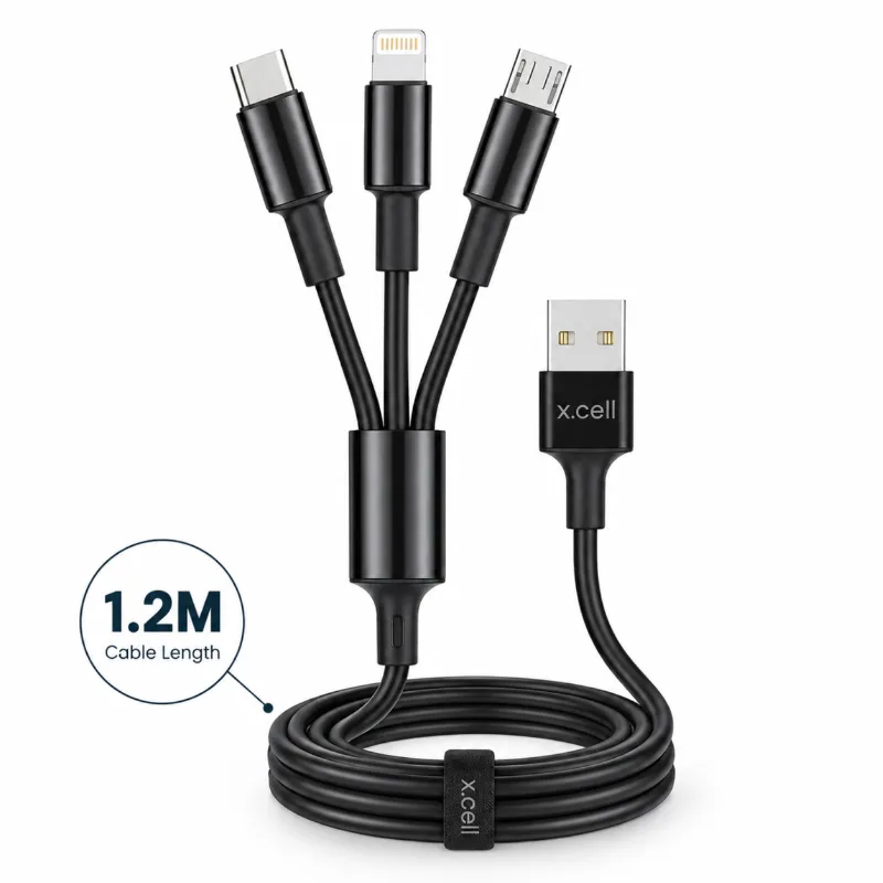 X.Cell 3-in-1 মাল্টি চার্জিং ক্যাবল – 1.2M USB-C, Lightning ও Micro-USB
