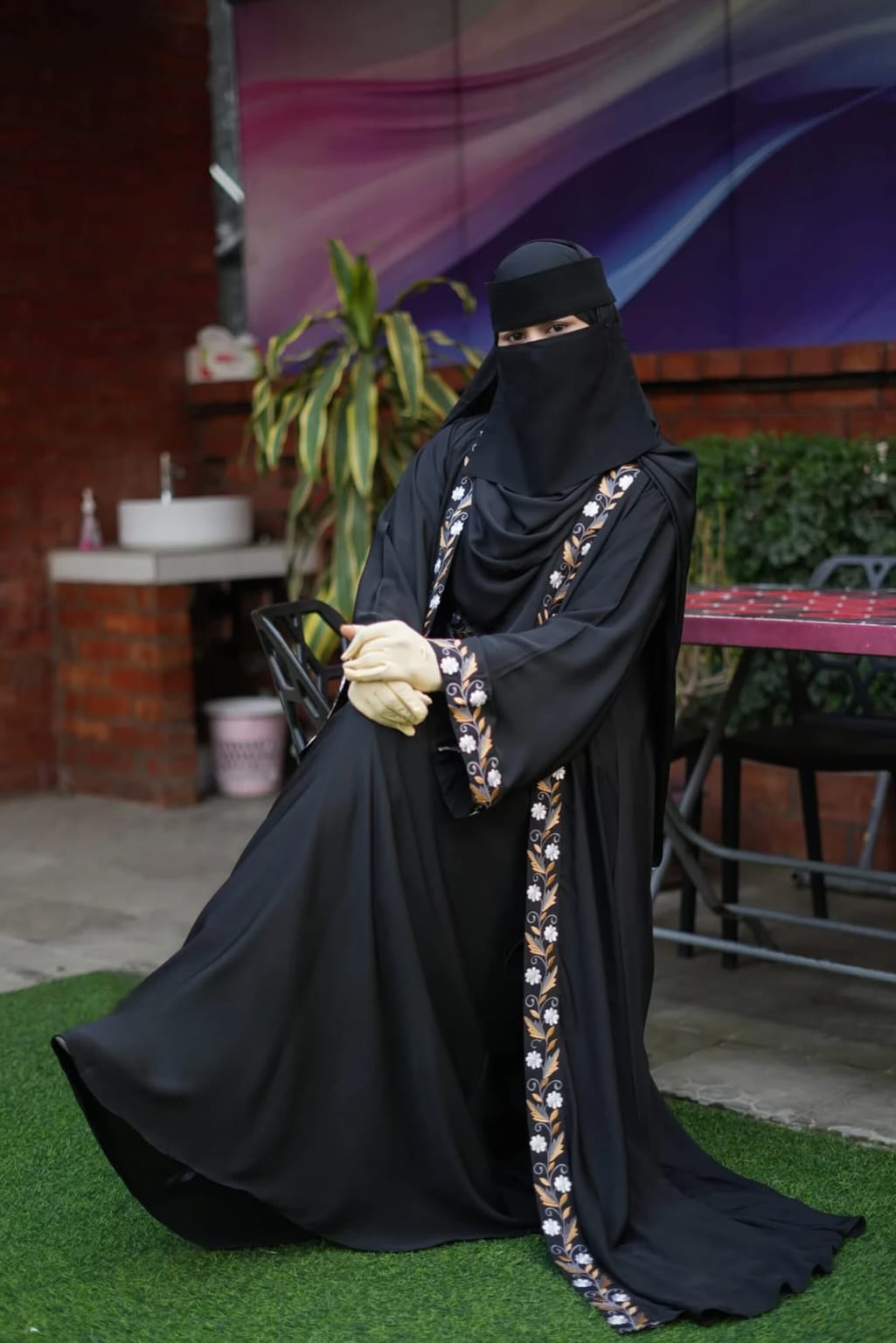 Embroidered Koti Borka Set with Niqab, Belt and Hijab