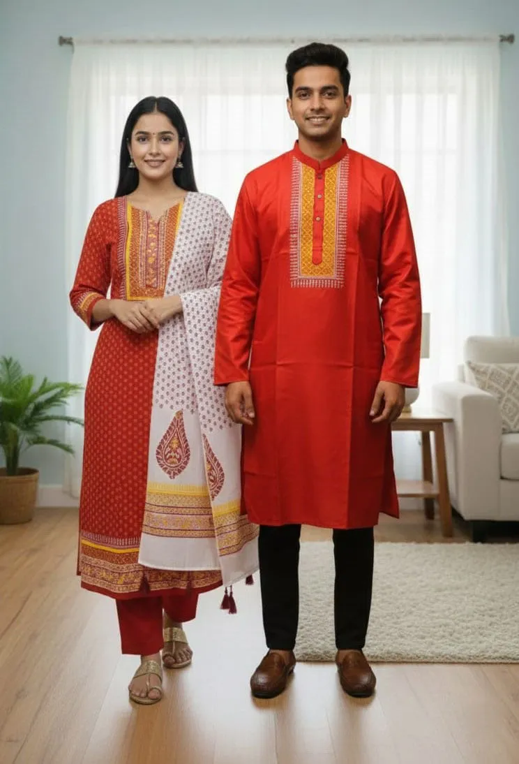 ব্লক প্রিন্ট কাপল থ্রি পিস ও ধুপিয়ান সিল্ক পাঞ্জাবি, 6 রং