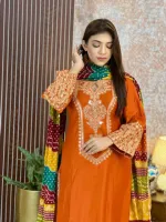 লিনেন সিকুইন এমব্রয়ডারি থ্রি পিস, বাটার সিল্ক সালোয়ার
