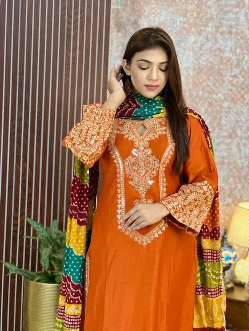 লিনেন সিকুইন এমব্রয়ডারি থ্রি পিস, বাটার সিল্ক সালোয়ার