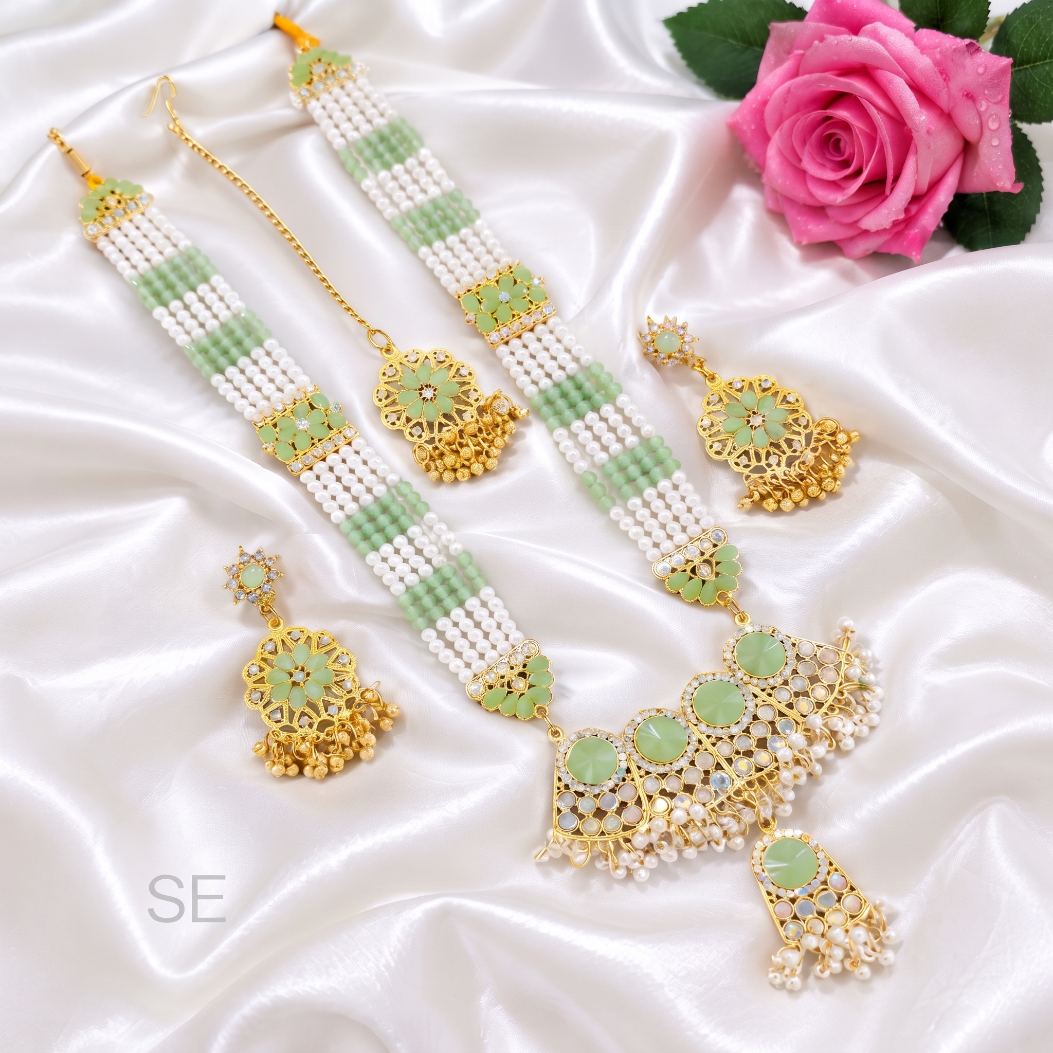 Premium Mint Green & Pearl Long Rani Haar Jewelry Set with Earrings & Maang Tikka