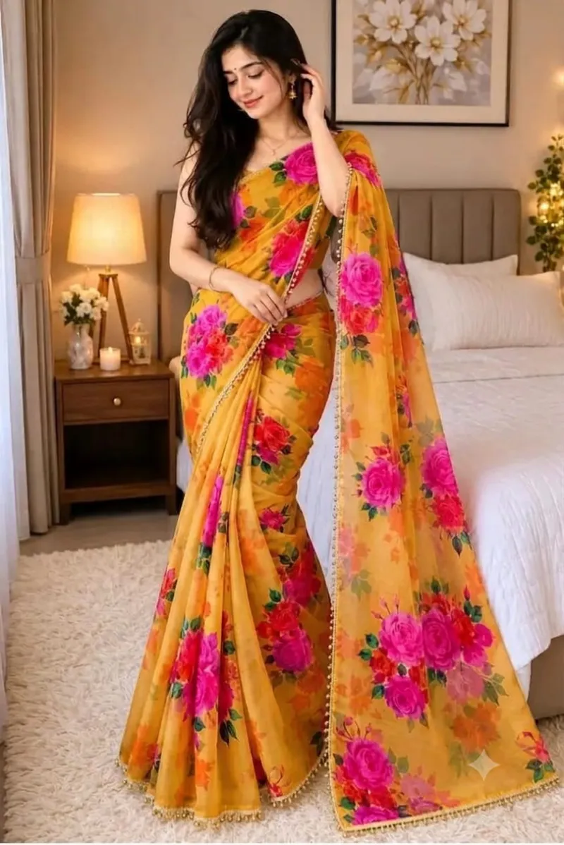 Soft Georgette Saree with Pearl Lace Border and Blouse Piece