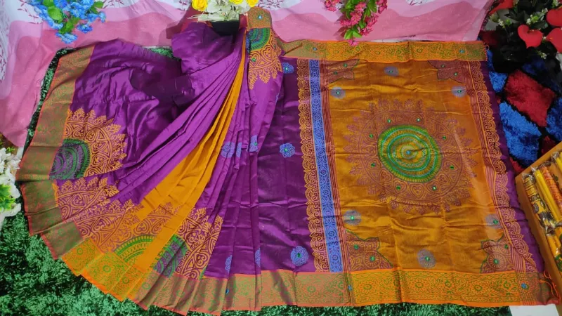 Women's 13 Haath Dhupian Silk Saree with Embroidery and Block Print