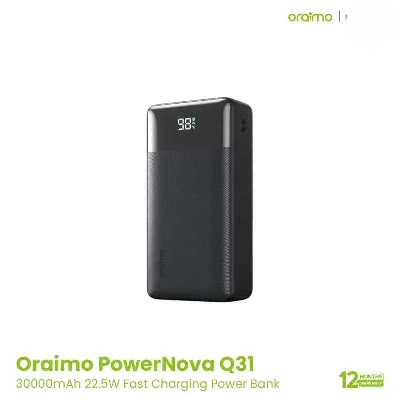 Oraimo PowerNova Q31 30000mAh 22.5W ফাস্ট চার্জিং পাওয়ার ব্যাংক, কালো