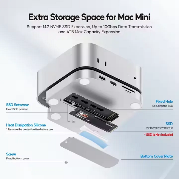 PULWTOP Mac Mini M4/M4 প্রো হাব স্ট্যান্ড ডক উইথ এক্সটারনাল স্টোরেজ আপগ্রেড M.2SSD এনক্লোজার