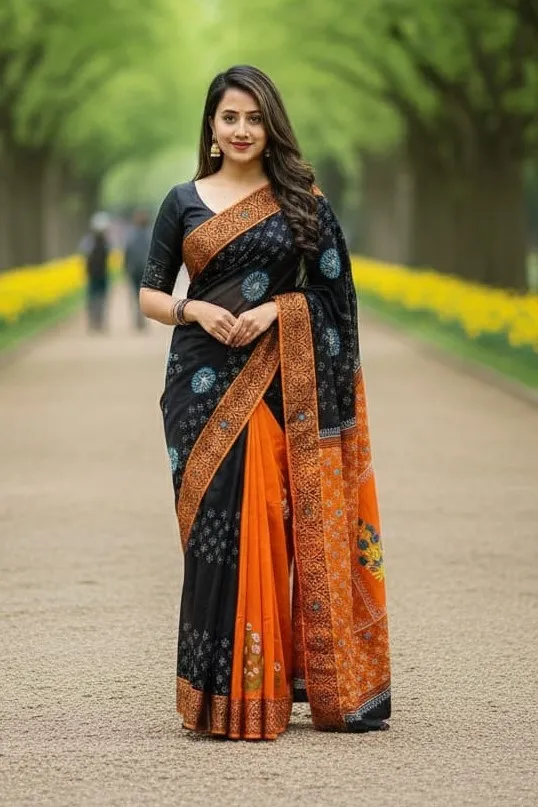 ব্লক প্রিন্ট ও এমব্রয়ডারির নকশি ধুপিয়ান সিল্ক শাড়ি