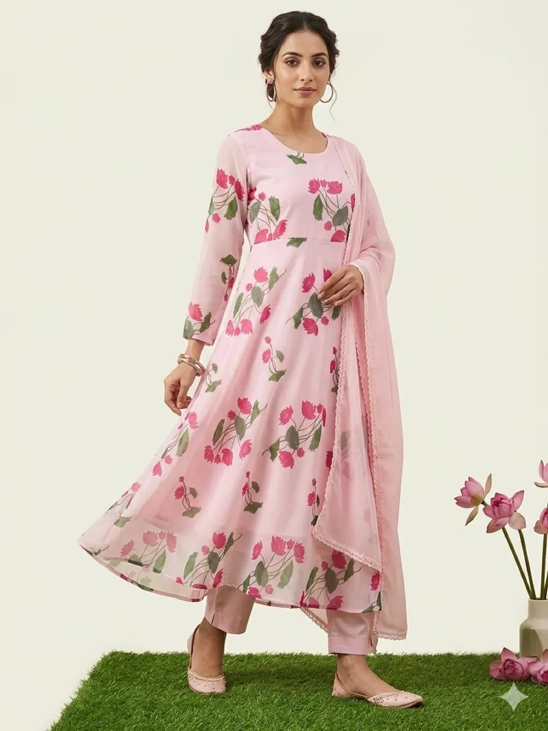 Georgette Gown Three Piece, Free Size with Lace Orna