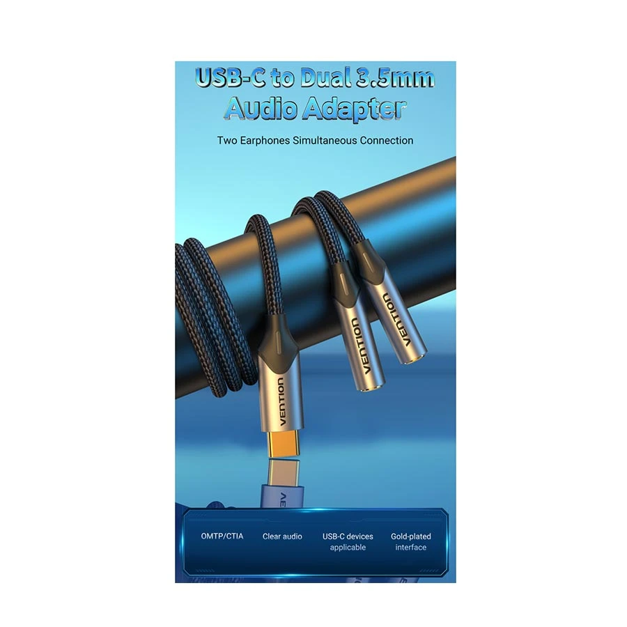 Vention BGNHY Type-C to Dual 3.5mm Female 0.3 Meter Gray Splitter