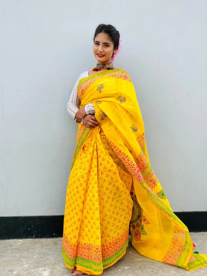 Half Silk Block Print Saree with Running Blouse Piece, 13 Haath