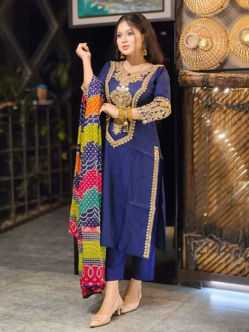 লিনেন সিকুইন এমব্রয়ডারি থ্রি পিস, বাটার সিল্ক সালোয়ার