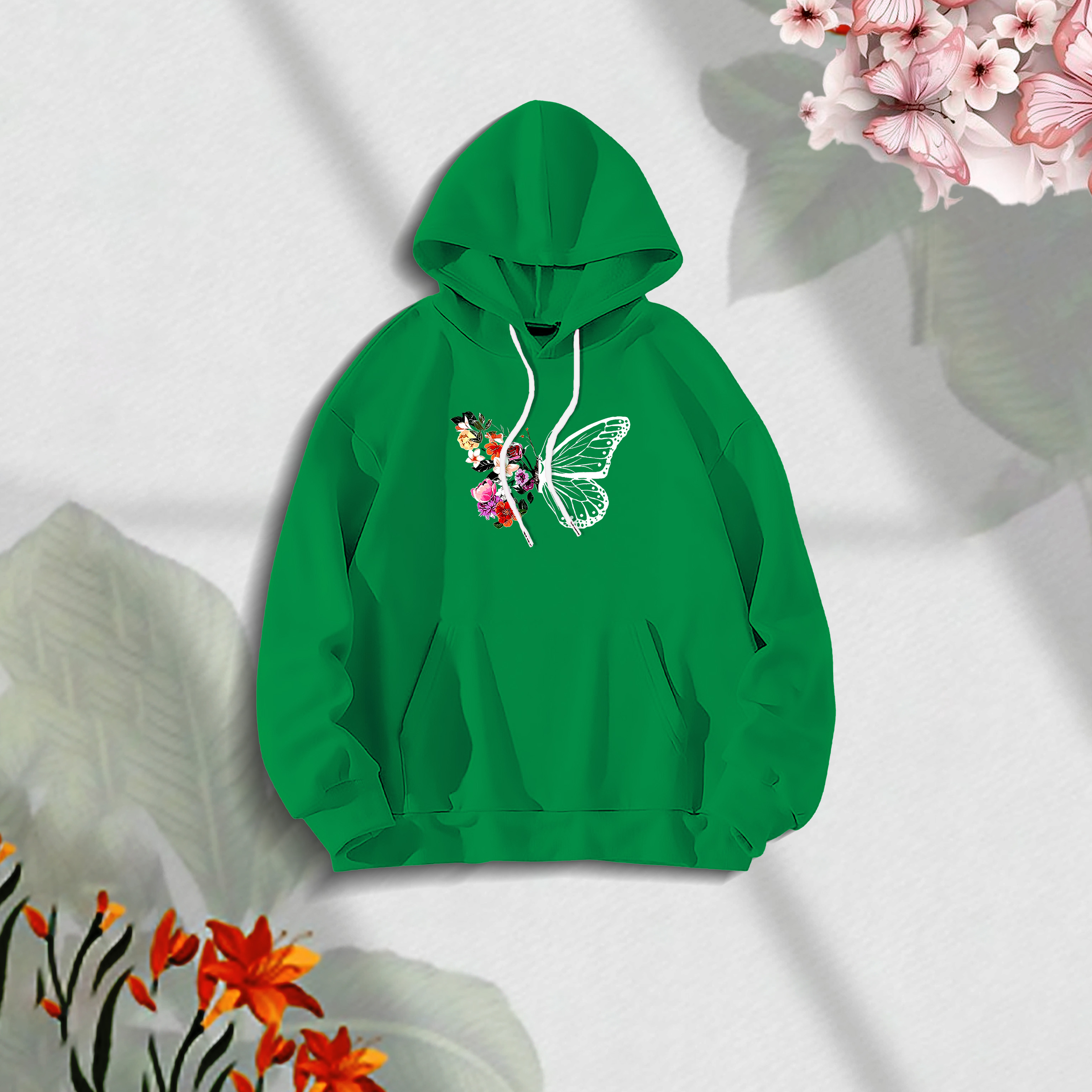 Butterflies & Flowers লেডিস উইন্টার হুডি – সবুজ