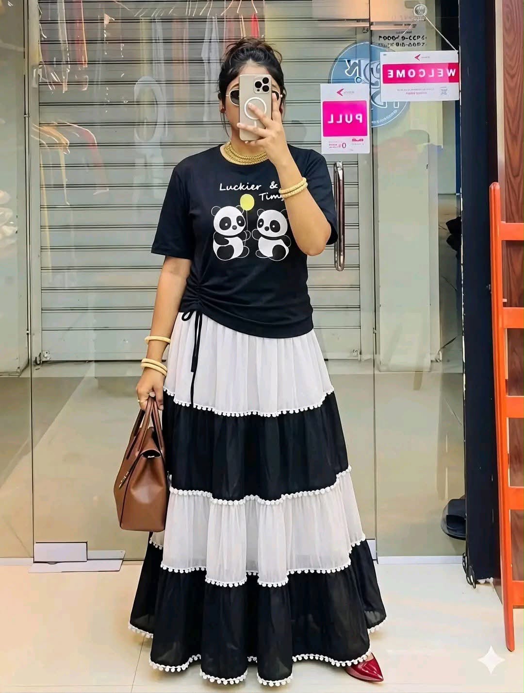 Women's Georgette Skirt and Pure Cotton T-Shirt Set, Free Size