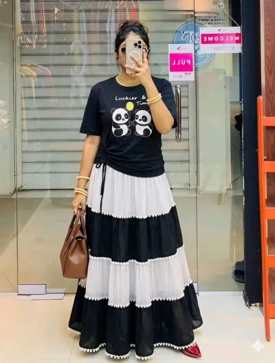 Women's Georgette Skirt and Pure Cotton T-Shirt Set, Free Size