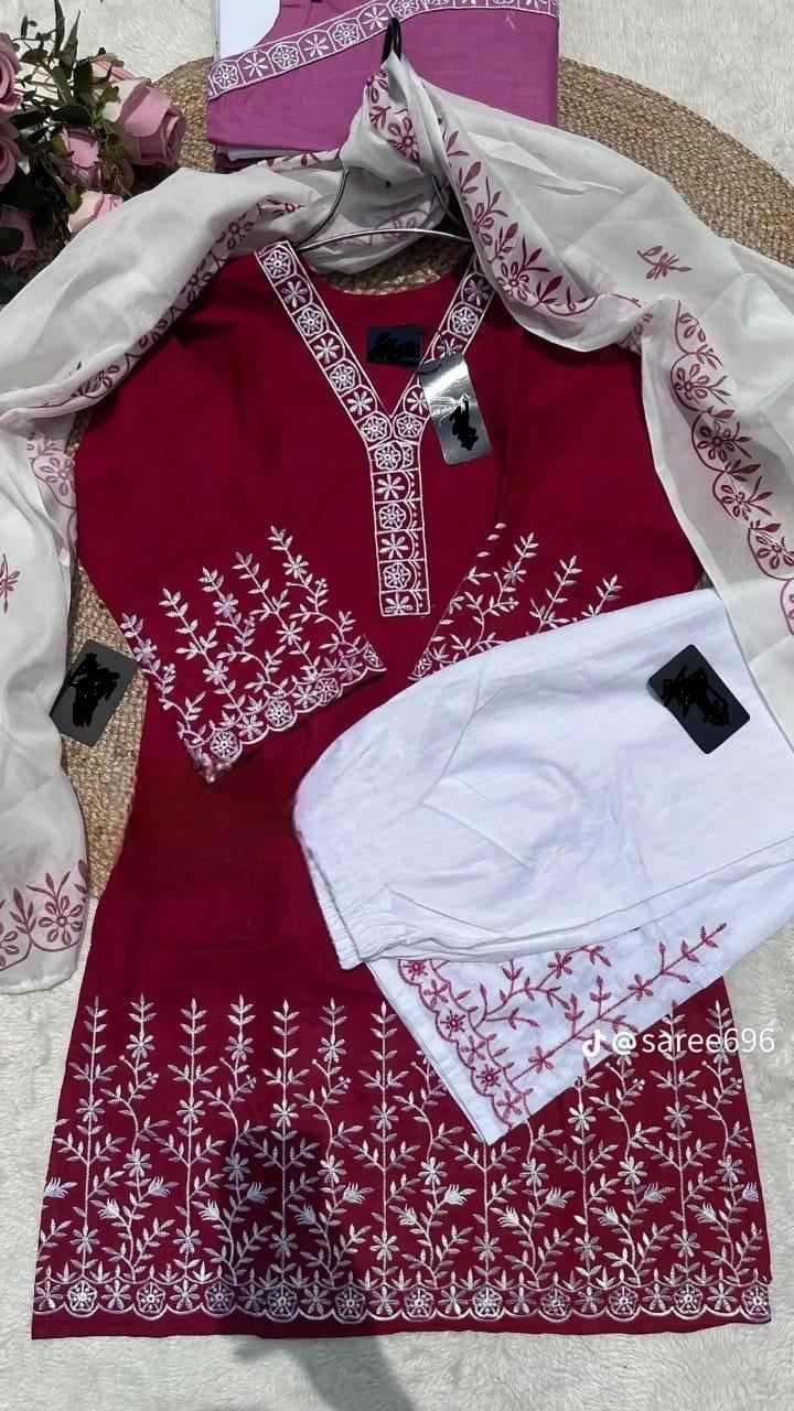 Women's Fine Cotton Three Piece with Heavy Embroidery