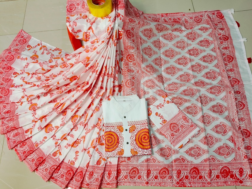 Resham Silk Screen Print Saree and Panjabi Couple Set with Blouse