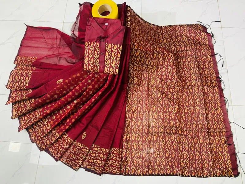 Block Print Couple Set, Dhupian Silk Saree and Panjabi, S to XL