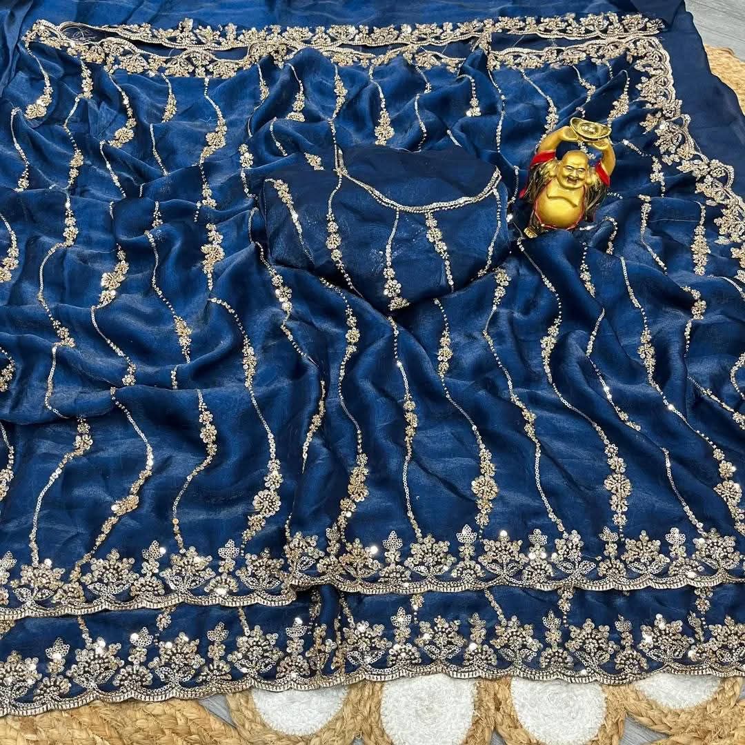 Women's Sequin Embroidered Silk Saree with Separate Blouse Piece