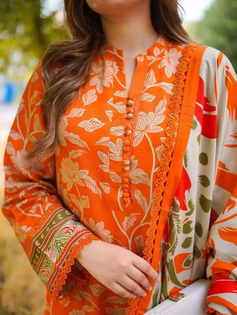Digital Print Three Piece with 90 Inch Bindu Orna, 4 Colours