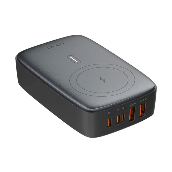 LDNIO 140W GaN 5 পোর্ট ডেস্কটপ চার্জিং স্টেশন, ওয়্যারলেস চার্জারসহ – ব্ল্যাক-গ্রে