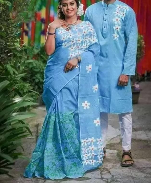 Half Silk Saree and Dhupian Silk Panjabi Couple Set, S to XL