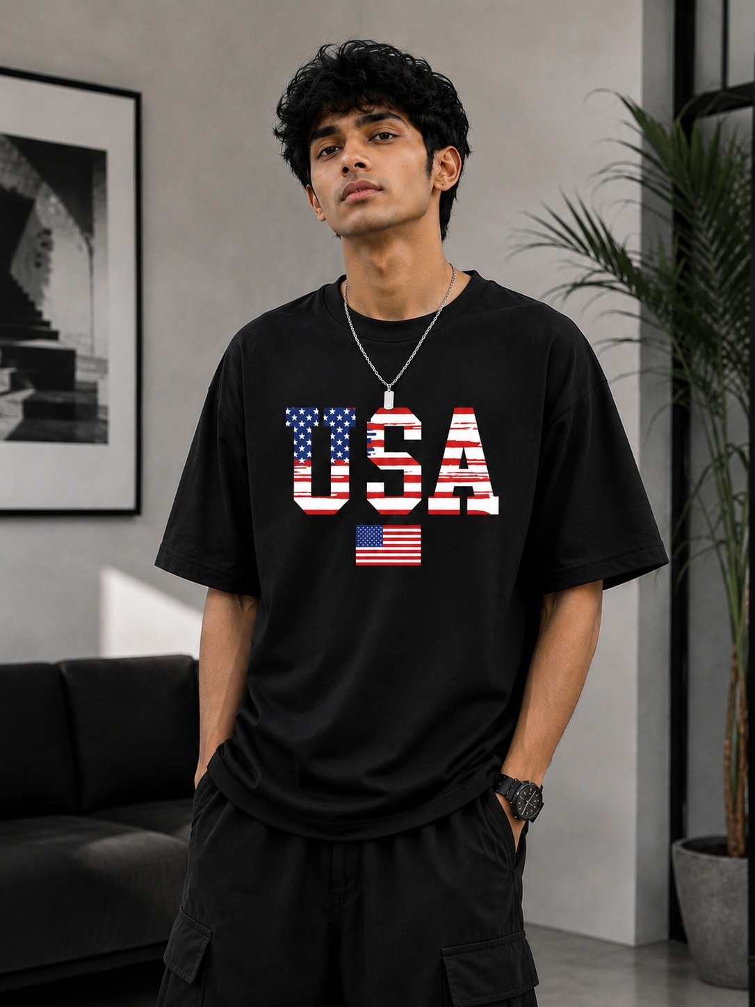 Men's Pure Cotton Drop Shoulder Tee, DTF Print, Sizes M to XXL
