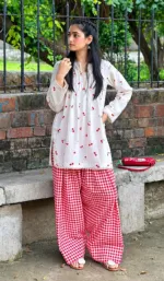 মহিলাদের স্লাব কটন টু পিস স্ক্রিন প্রিন্ট ও চেক প্যান্টসহ