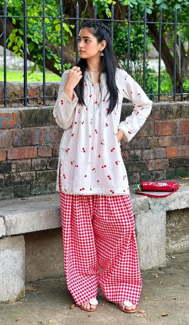মহিলাদের স্লাব কটন টু পিস স্ক্রিন প্রিন্ট ও চেক প্যান্টসহ