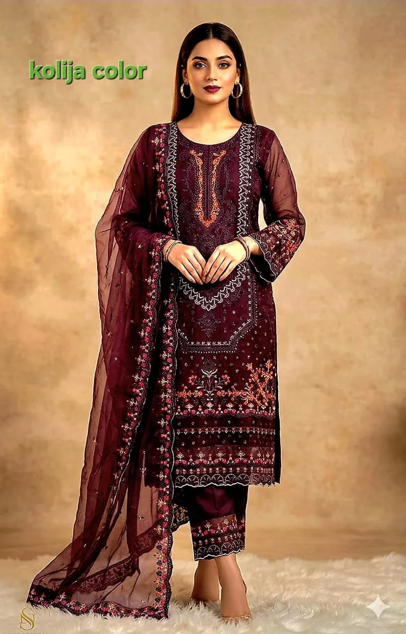 Sequin Embroidered Four Piece with Sada Bahar Orna, L to XXL