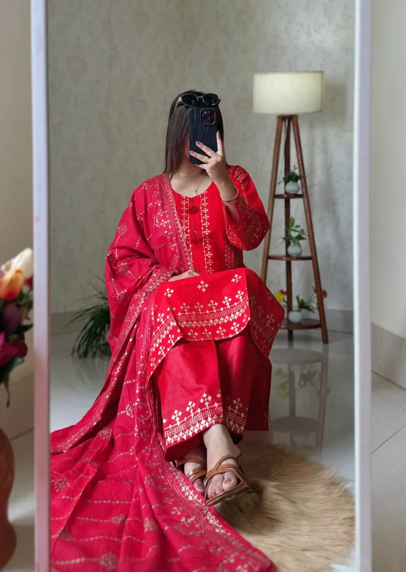 Women's Readymade Cotton Three Piece with Skin Print and Lace