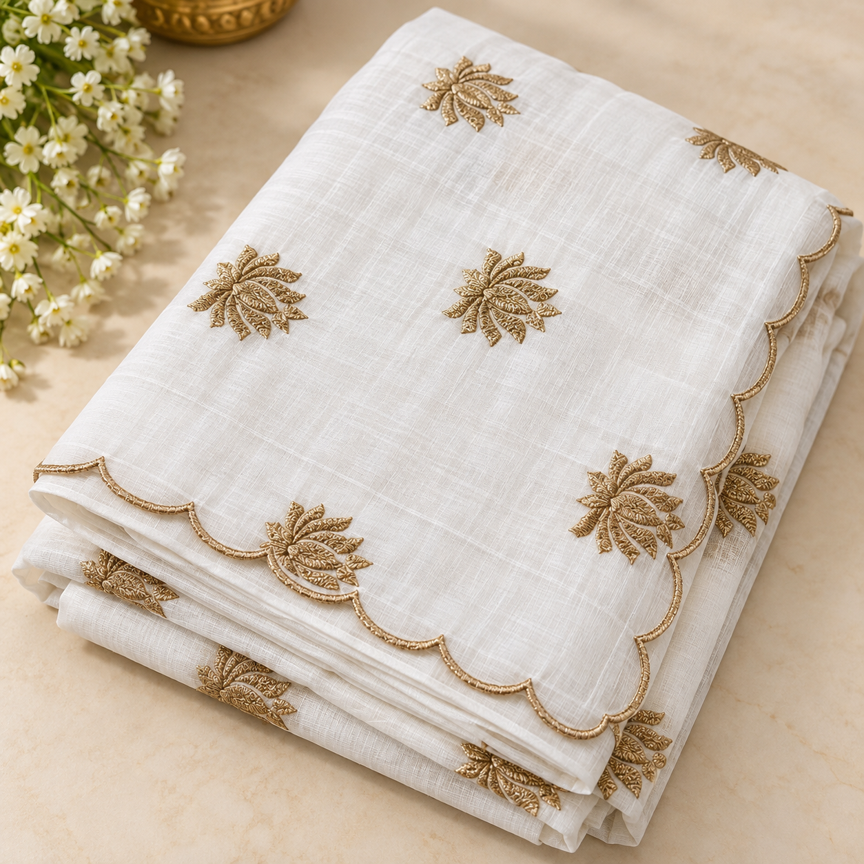 Pristine Off-White Organza Saree with Golden Zari Floral Embroidery