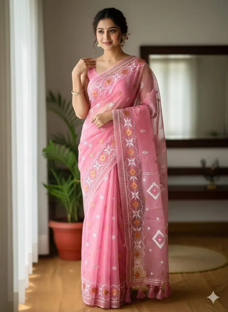 Light Half Silk Saree with All-Over Jamdani Print, 6 Colours