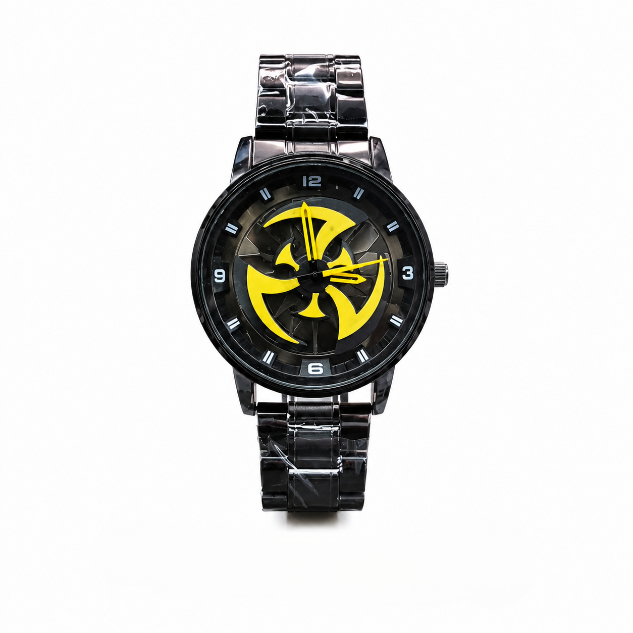 360° Rotating Car Wheel Rim Quartz Watch – Matte Black Metal Sports Wristwatch, 3D Alloy Rim & Brake Disc Dial, Stainless Steel Strap & Scratch-Resistant Glass for Men