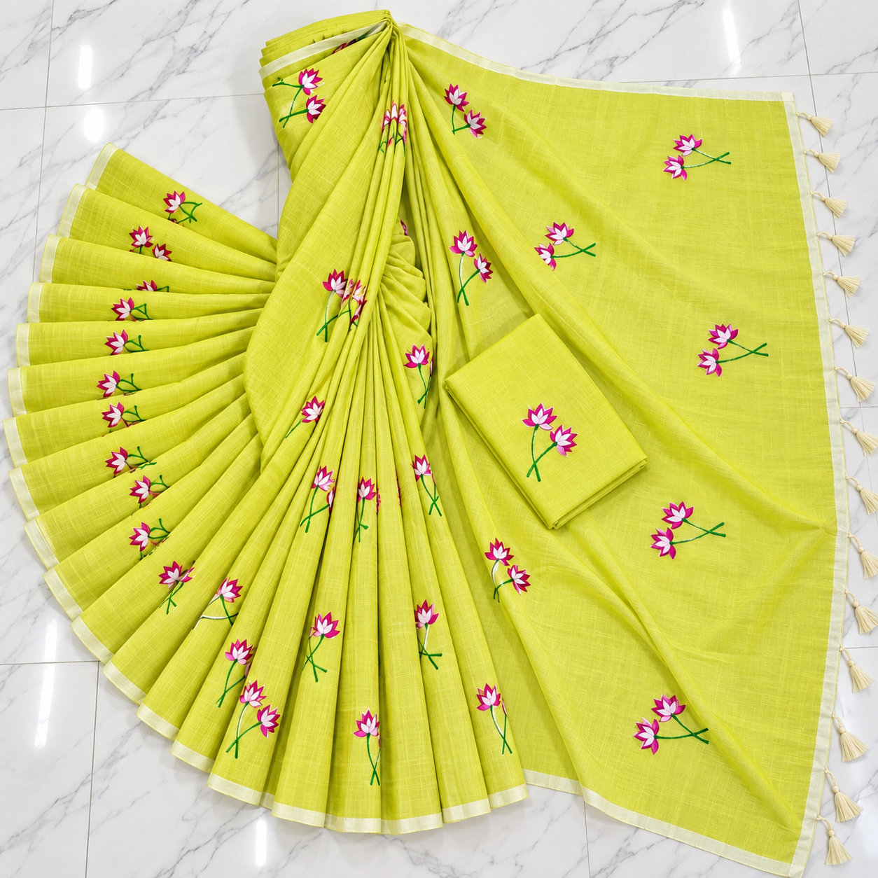 Exclusive Lime Green Cotton Embroidered Saree (with running blouse piece)