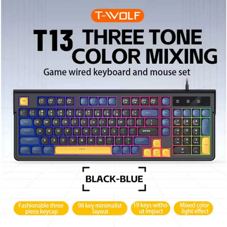 T-Wolf T13 RGB Wired Black & Blue Gaming Keyboard