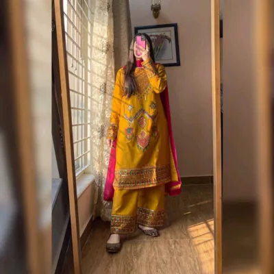 Women's Soft Cotton Embroidered Three Piece with Chiffon Orna
