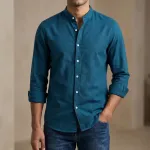 ছেলেদের সলিড কালার ব্যান কলার শার্ট (পেট্রোল)