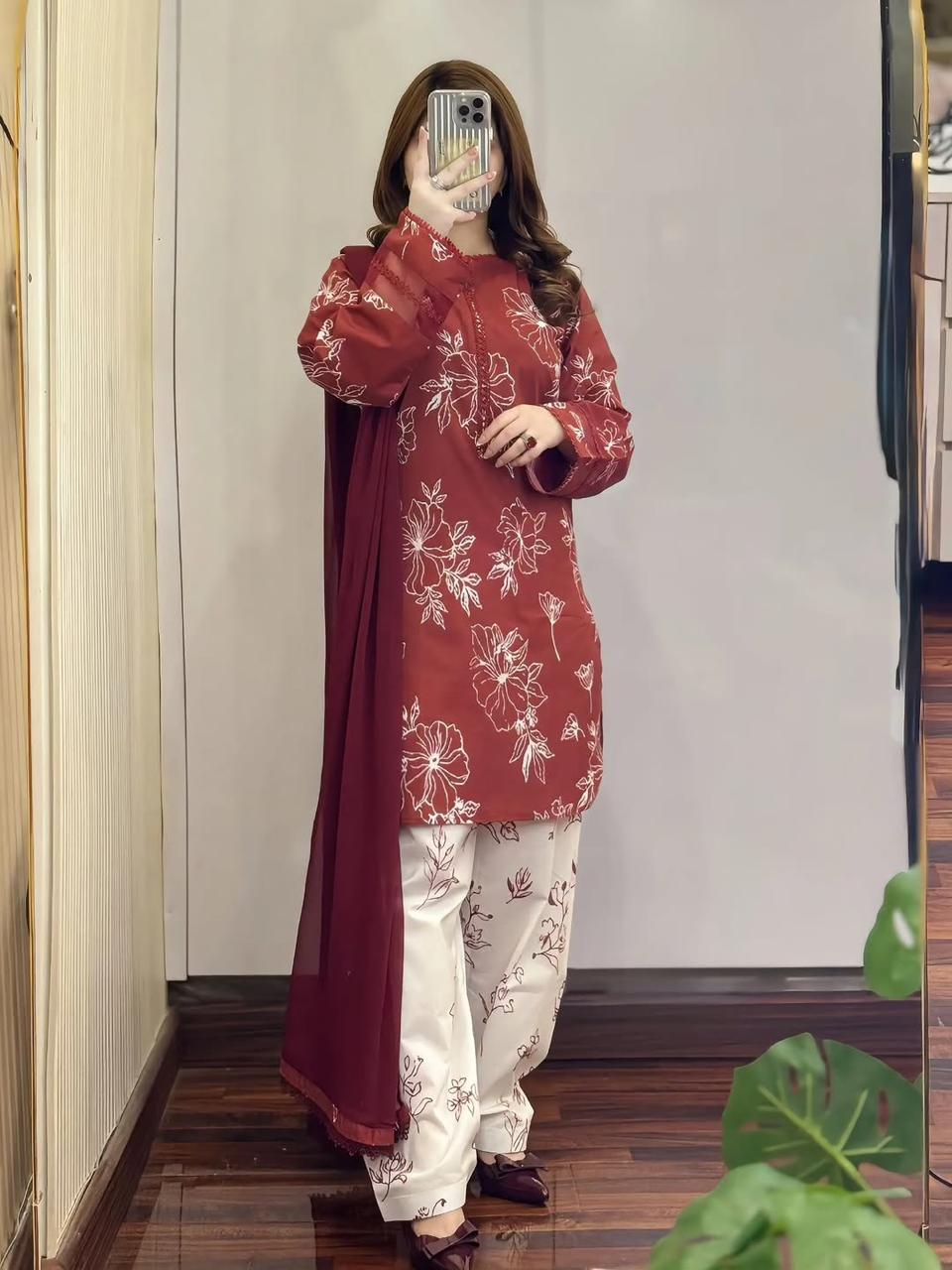 মেয়েদের কটন স্কিন প্রিন্ট থ্রি-পিস, লেসসহ, সাইজ L থেকে XXL