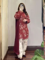 মেয়েদের কটন স্কিন প্রিন্ট থ্রি-পিস, লেসসহ, সাইজ L থেকে XXL