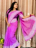 Half Silk Block Print Saree without Blouse Piece, 6 Colours